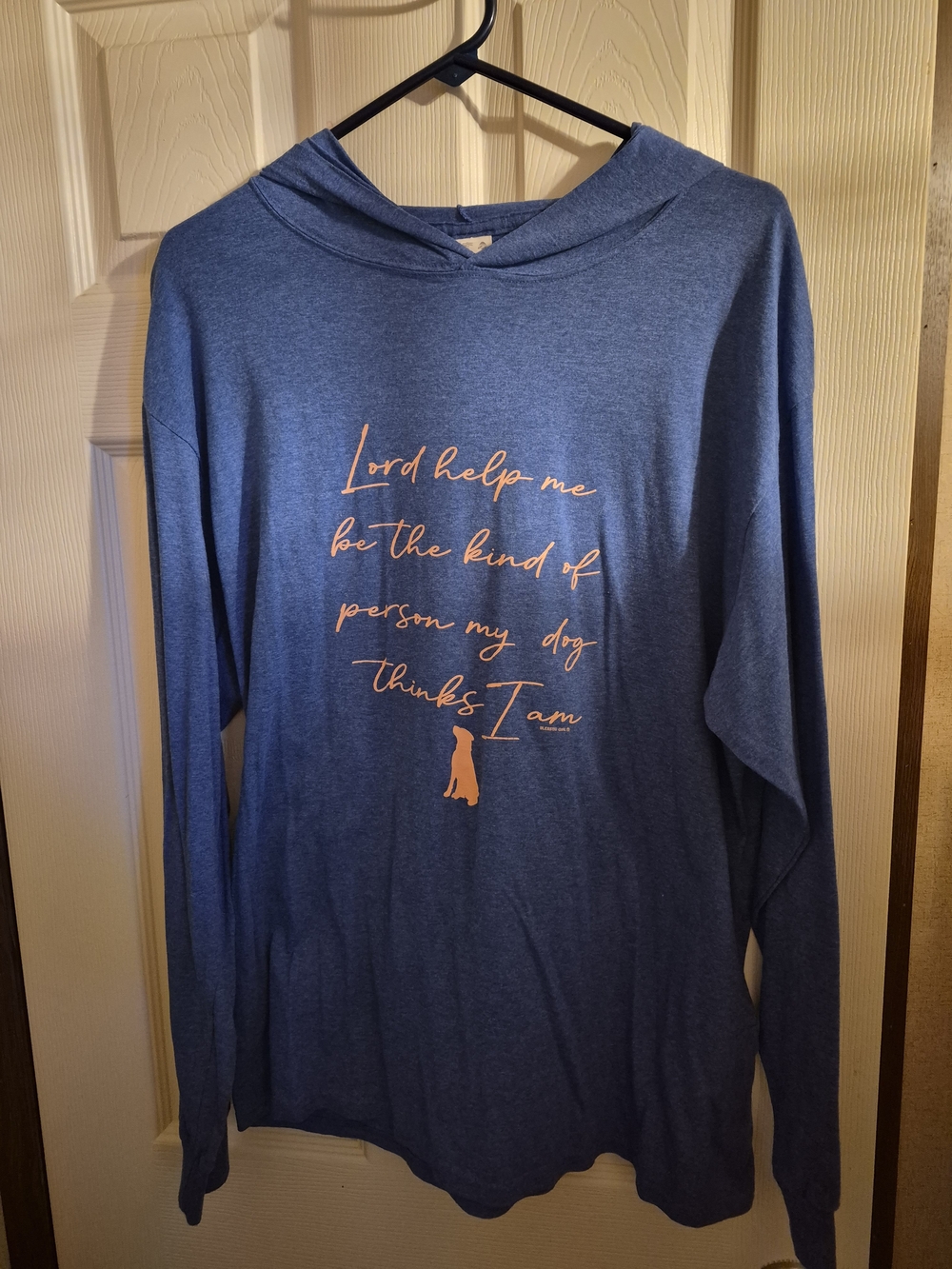 Topshop Blue Long-Sleeve Hoodie with Peach Dog Quote